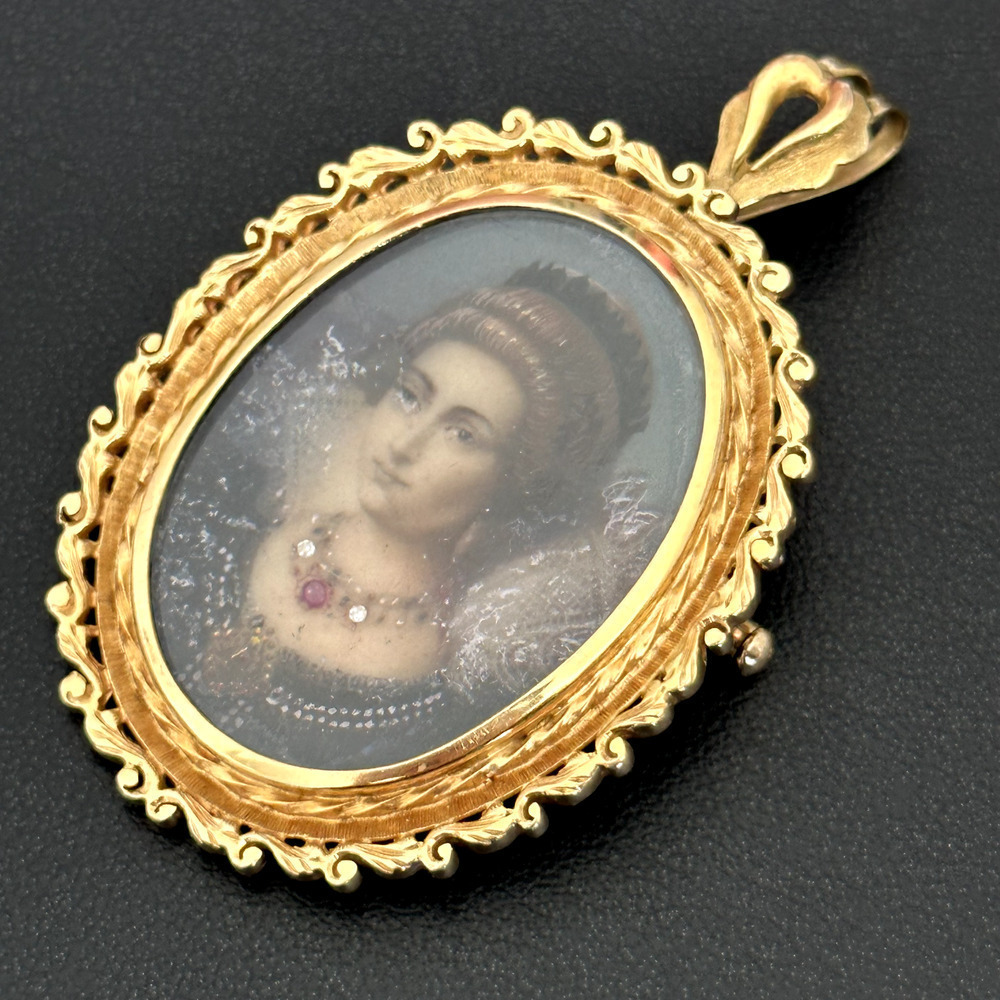 18K 750 Yellow Gold Antique Portrait Floral Scroll Framed Woman Pin Pendant - Picture 3 of 16